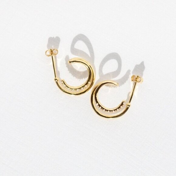 Gold Double Hoop Earring pave and Extra Loop Pretty Earrings Unique Earrings - Picture 6 of 12